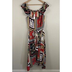 NY & Co Women L Drama Romper Skirted Handkerchief Hem Colorful Print Ruffle Neck